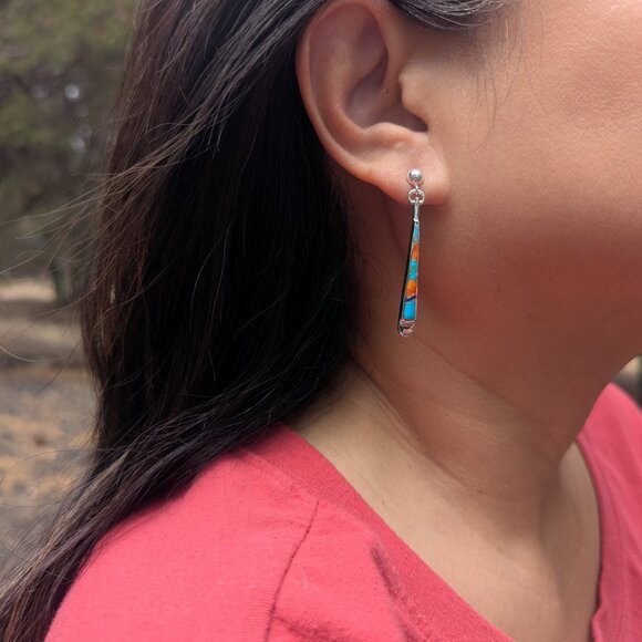 Handcrafted Navajo Sterling Silver Multi Stone Inlay Drop Earrings Jewelry ** - Picture 5 of 10